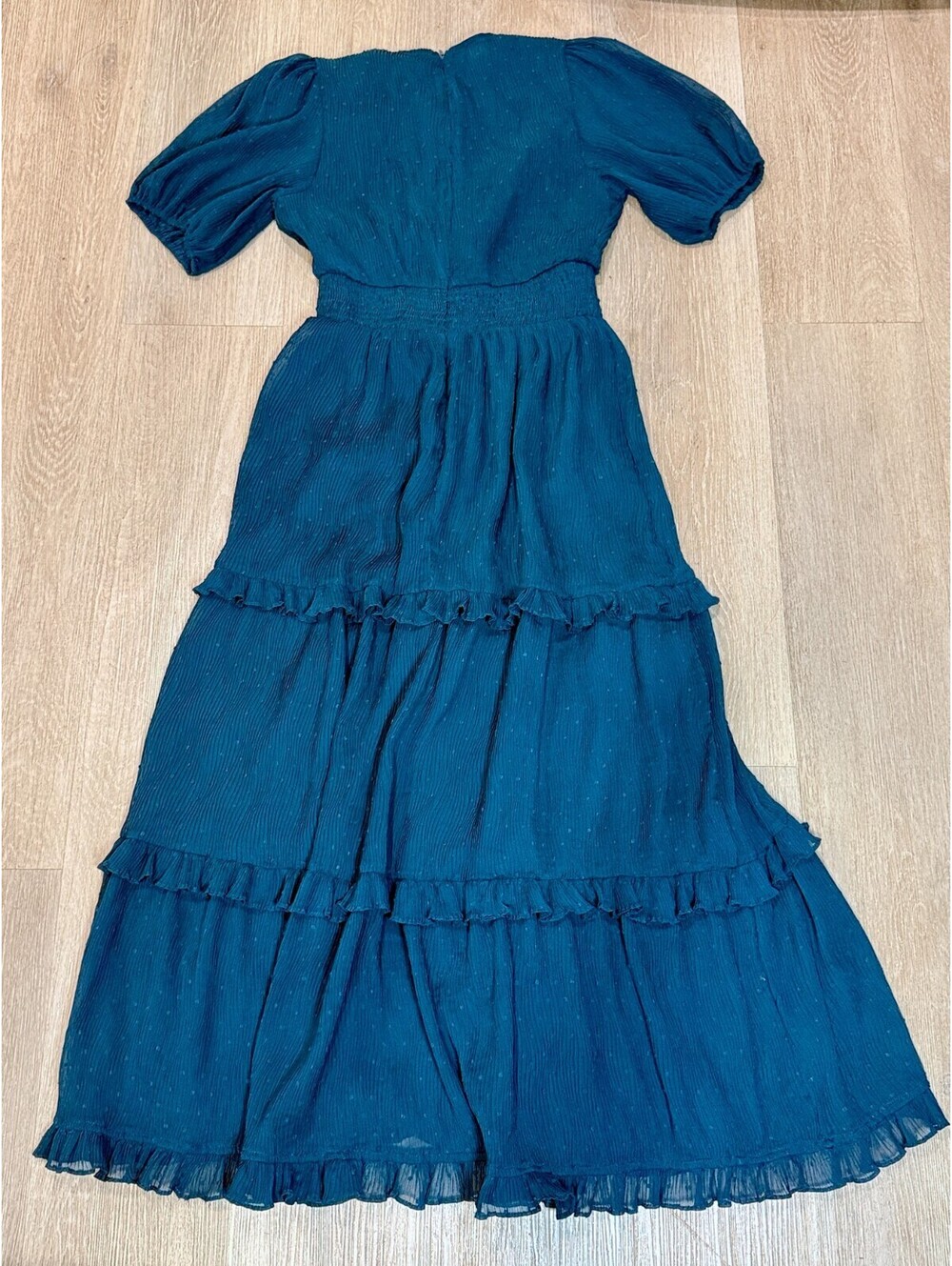 Lulus Women's M Teal Swiss Dot Maxi Dress Tiered Ruffle Puff Sleeve Back Zip